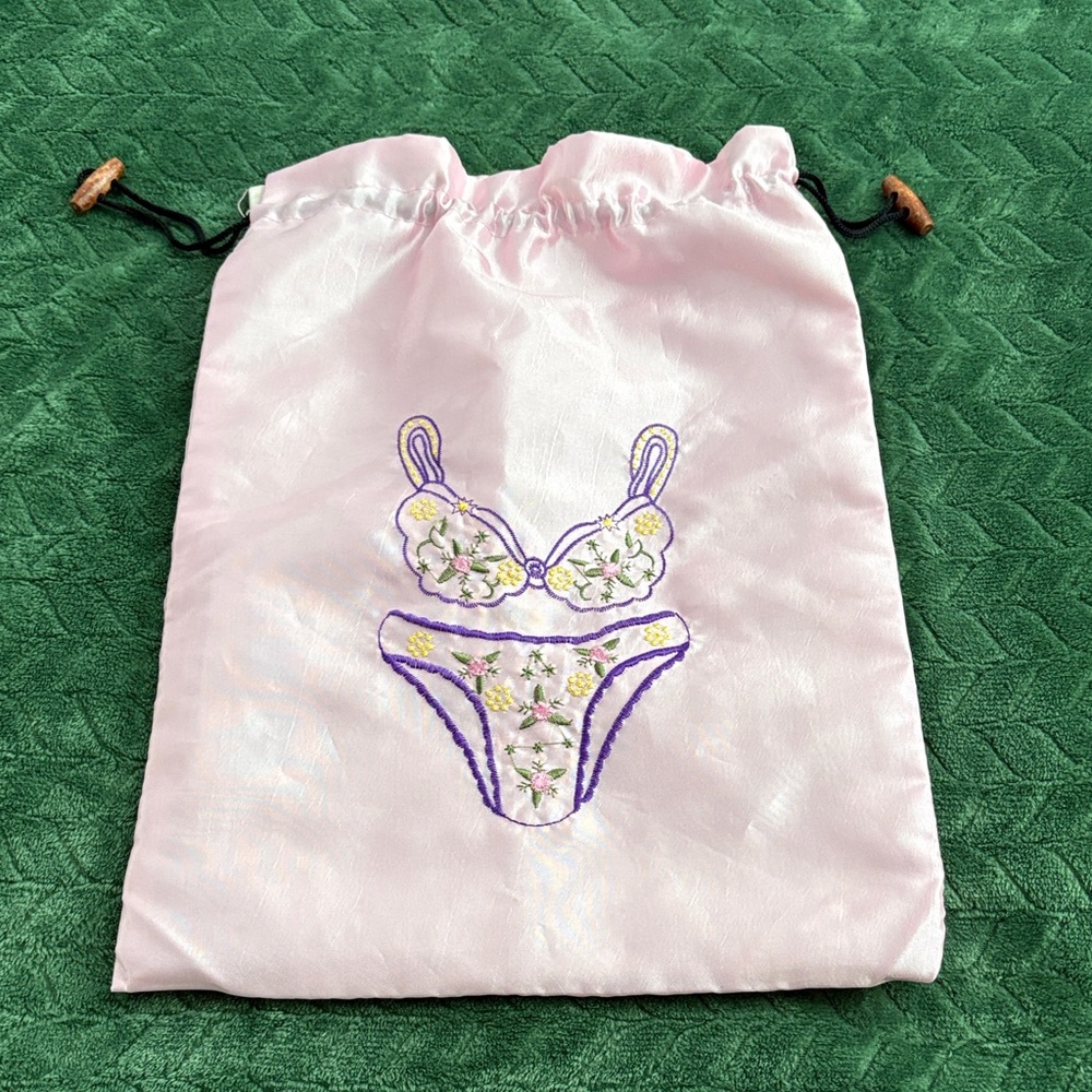 Lingerie Drawstring Bag Pink Satin Embroidered